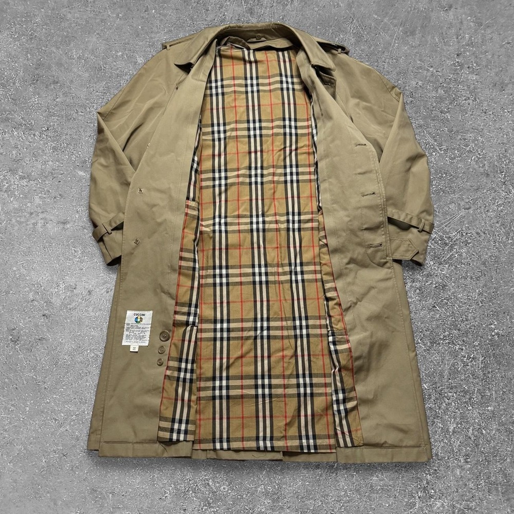 Cuccini Mens Tan Trench Coat Belted Plaid Lined Khaki Overcoat Size 42 Regular